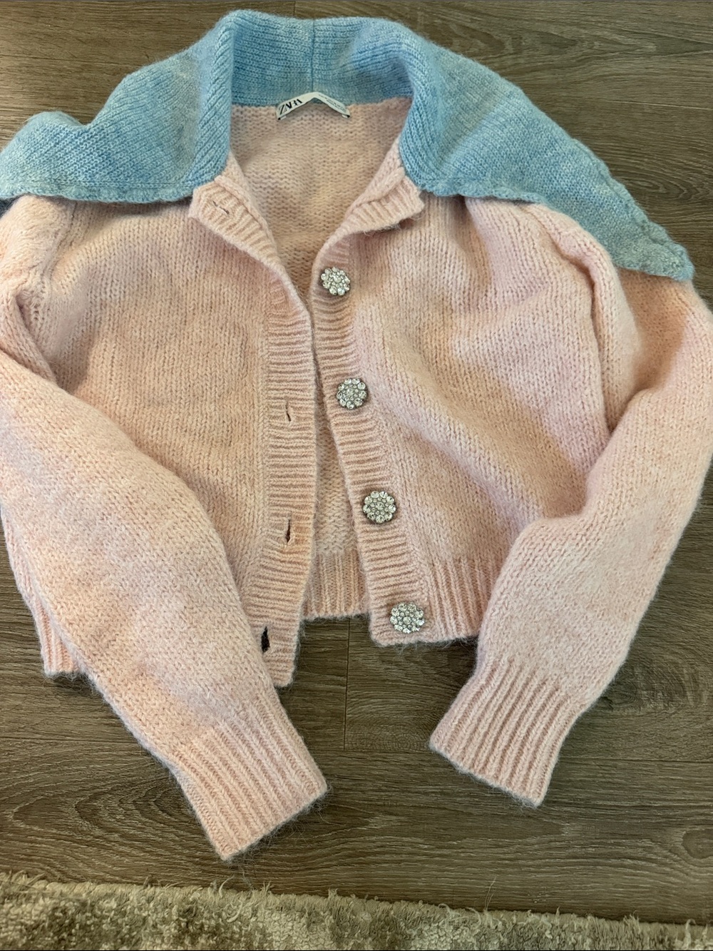 Zara Pink Wool Blend Cropped Cardigan with Light Blue Collar